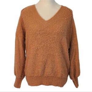 Newbury Kustom Rust Long Sleeve Eyelash Fuzzy V Neck Exposed Seams Sweater L